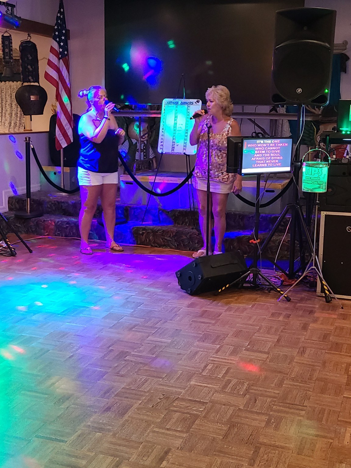 Karaoke singers performing under colorful stage lights